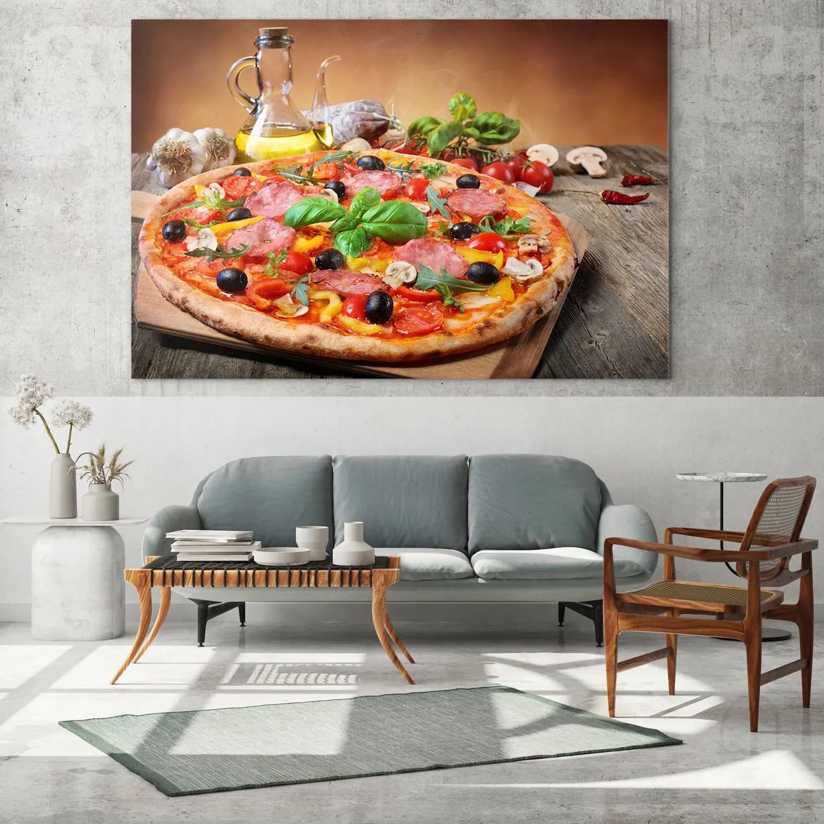 Schilderen op glas - Pizza met toppings op een houten tafel met olijfolie en kruiden - 70x50cm - Met echte Italiaanse smaak - Moderne wanddecoratie voor woonkamer en slaapkamer ARTTOR