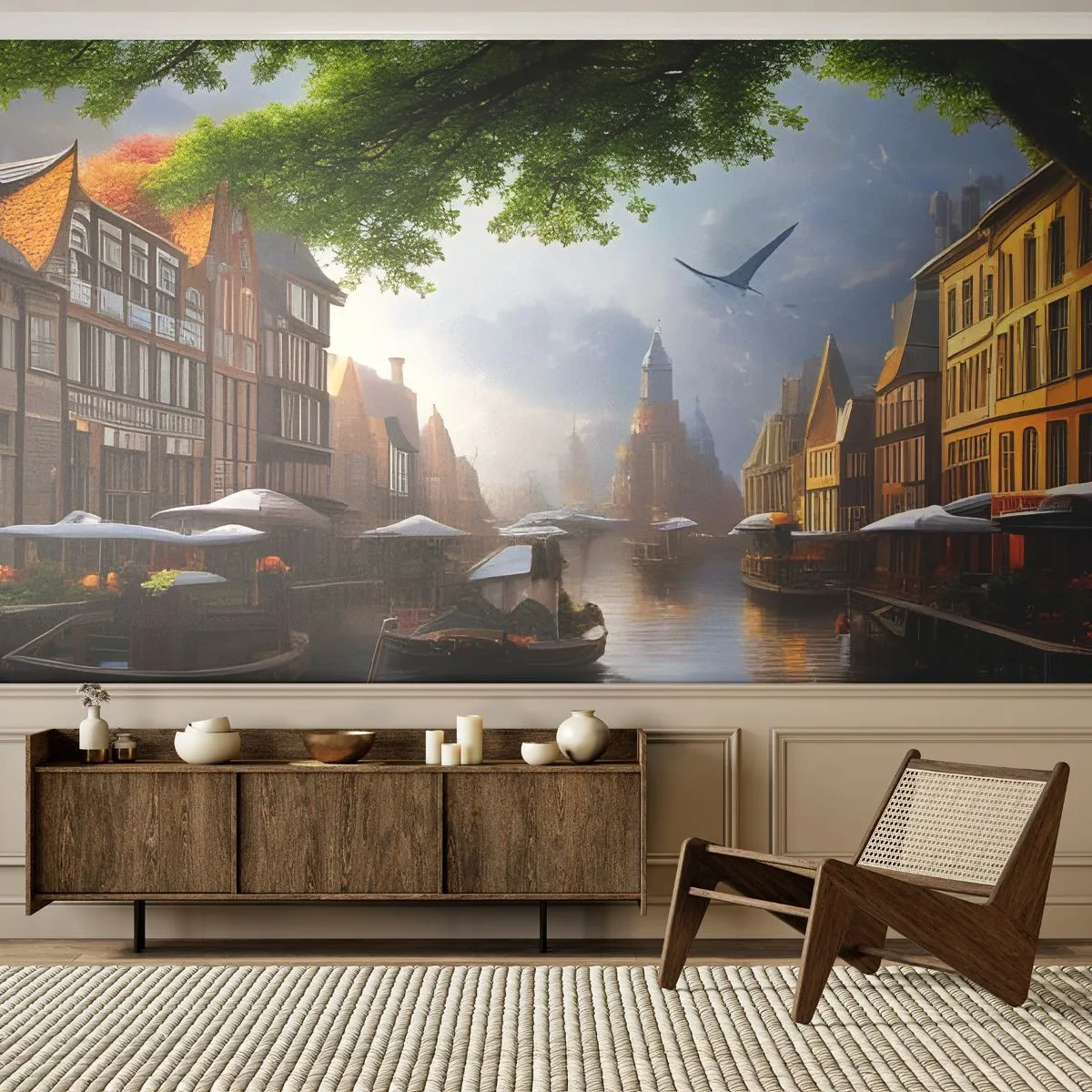 Fotobehang Premium Canvas - Hollands stadsbeeld - Oude stad, Boten, Kanaal - 250x175 cm