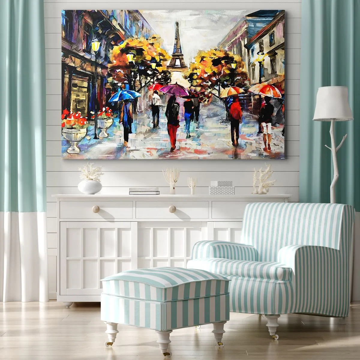 Schilderen op canvas - Een herfstwandeling in Parijs met uitzicht op de Eiffeltoren - 70x50cm - Vooral mooi in de herfst - Moderne wanddecoratie voor woonkamer en slaapkamer ARTTOR