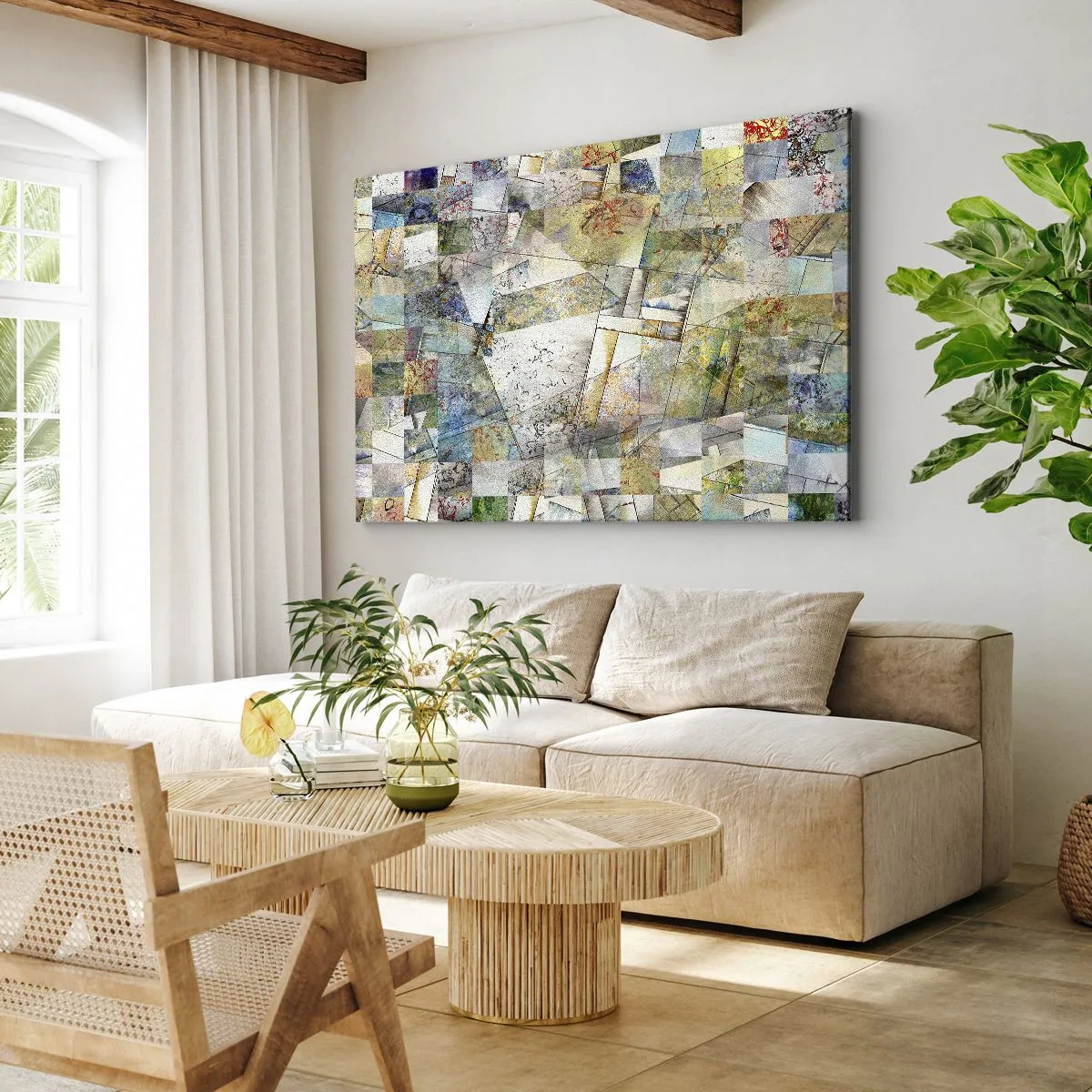 Schilderen op canvas - Kleurrijke abstractie met geometrische vormen en lijnen - 70x50cm - Geometrische schuifeling - Moderne wanddecoratie voor woonkamer en slaapkamer ARTTOR