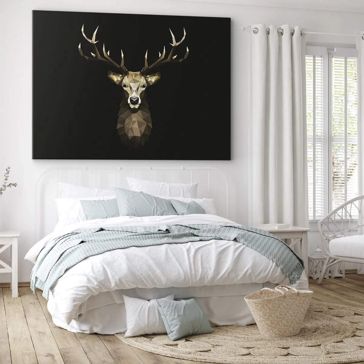 Schilderen op canvas - Geometrisch veelhoekig hert op een zwarte achtergrond - 70x50cm - Kubistische herten - Moderne wanddecoratie voor woonkamer en slaapkamer ARTTOR