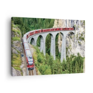 Schilderen op canvas - Een trein op een schilderachtig viaduct in een bergachtig landschap - 70x50cm - Spoorlijn voor uitzicht op de bergen - Moderne wanddecoratie voor woonkamer en slaapkamer ARTTOR