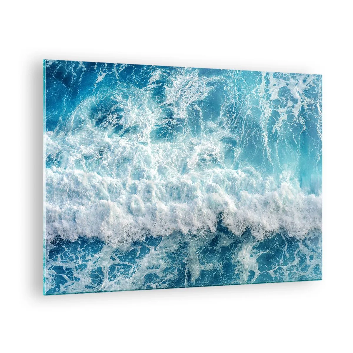 Schilderen op glas - Blauwe golven die op de kust beuken - 70x50cm - Vrolijk en springend - Moderne wanddecoratie voor woonkamer en slaapkamer ARTTOR