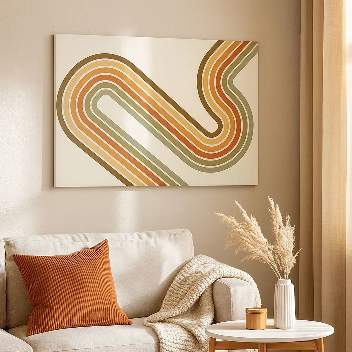 Schilderen op canvas - Geometrisch patroon in tinten groen, oranje en beige op een lichte achtergrond - 70x50cm - Zigzag naar het doel - Moderne wanddecoratie voor woonkamer en slaapkamer ARTTOR