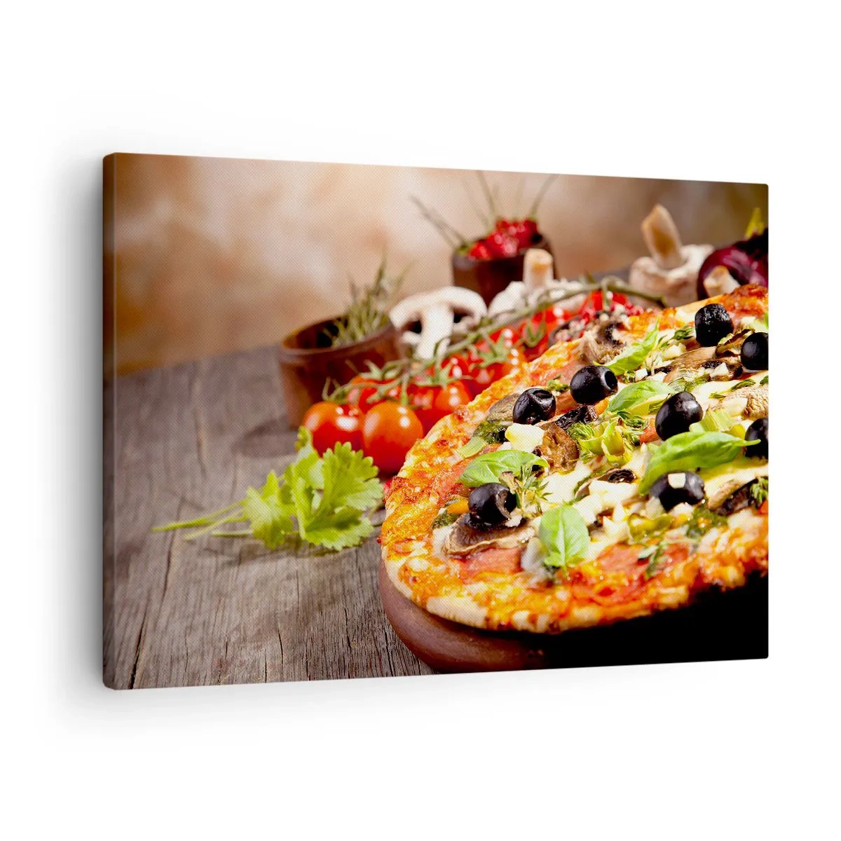 Schilderen op canvas - Pizza met olijven, basilicum en verse ingrediënten op een houten achtergrond - 70x50cm - Van de tellurische ingrediënten - Moderne wanddecoratie voor woonkamer en slaapkamer ARTTOR
