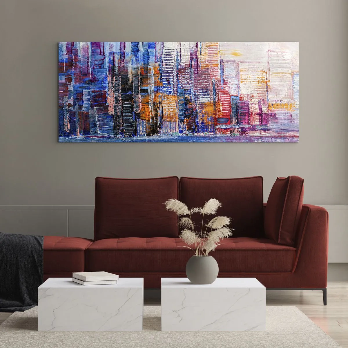Schilderen op glas - Een vrolijke metropool - 90x30 cm