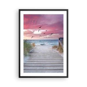 Poster in een zwarte lijst - Houten pad op het strand met uitzicht op de zee bij zonsondergang - 50x70cm - Baltische indruk - Moderne wanddecoratie voor woonkamer en slaapkamer ARTTOR