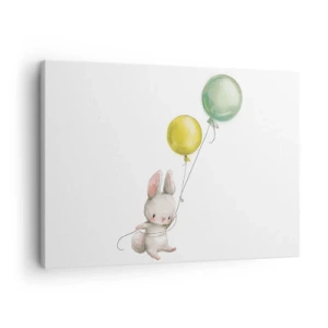 Schilderen op canvas - Een konijn met pastelkleurige ballonnen - 70x50cm - Ik ga ook vliegen! - Moderne wanddecoratie voor woonkamer en slaapkamer ARTTOR