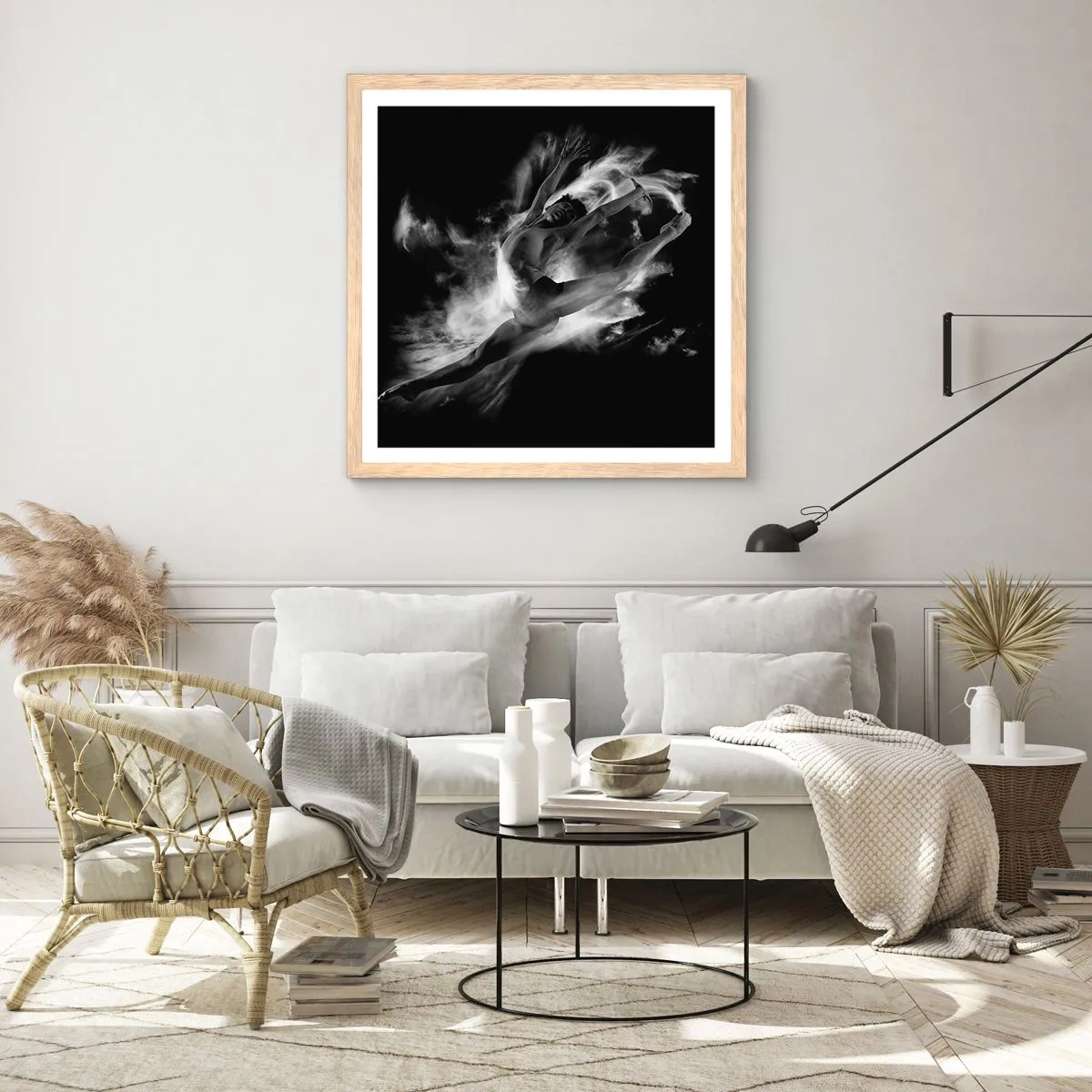 Een poster in een licht eiken lijst - Vast tijdens de vlucht - 60x60 cm