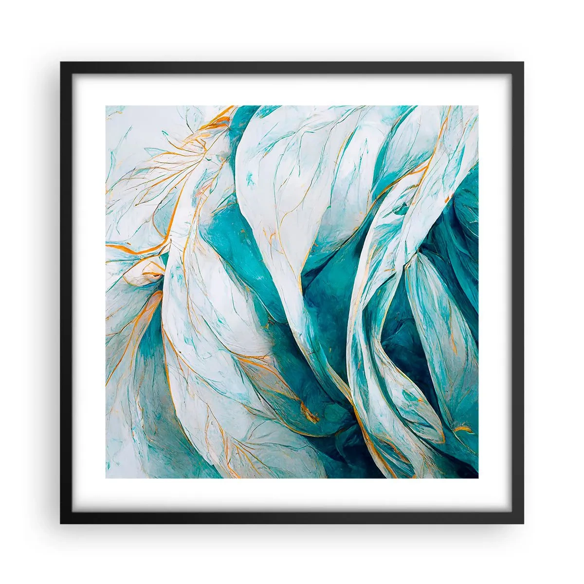 Poster in een zwarte lijst - Blauwe abstractie met een gouden motief - 50x50 cm