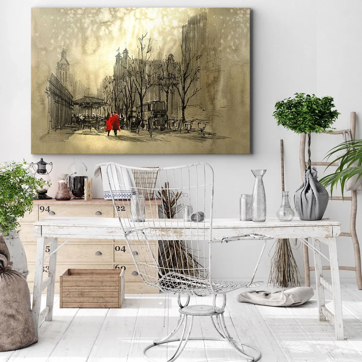 Schilderen op canvas - Een rode figuur in een nostalgische stedelijke omgeving - 70x50cm - Een date in de Londense mist - Moderne wanddecoratie voor woonkamer en slaapkamer ARTTOR
