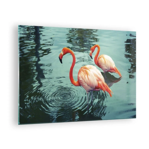 Schilderen op glas - Flamingo's op het water in een harmonieuze compositie - 70x50cm - We zijn nu in de mode - Moderne wanddecoratie voor woonkamer en slaapkamer ARTTOR