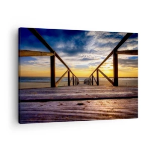 Schilderen op canvas - Houten steiger die naar het strand leidt bij zonsondergang - 70x50cm - Rechtstreeks naar het rustige strand bij zonsondergang - Moderne wanddecoratie voor woonkamer en slaapkamer ARTTOR