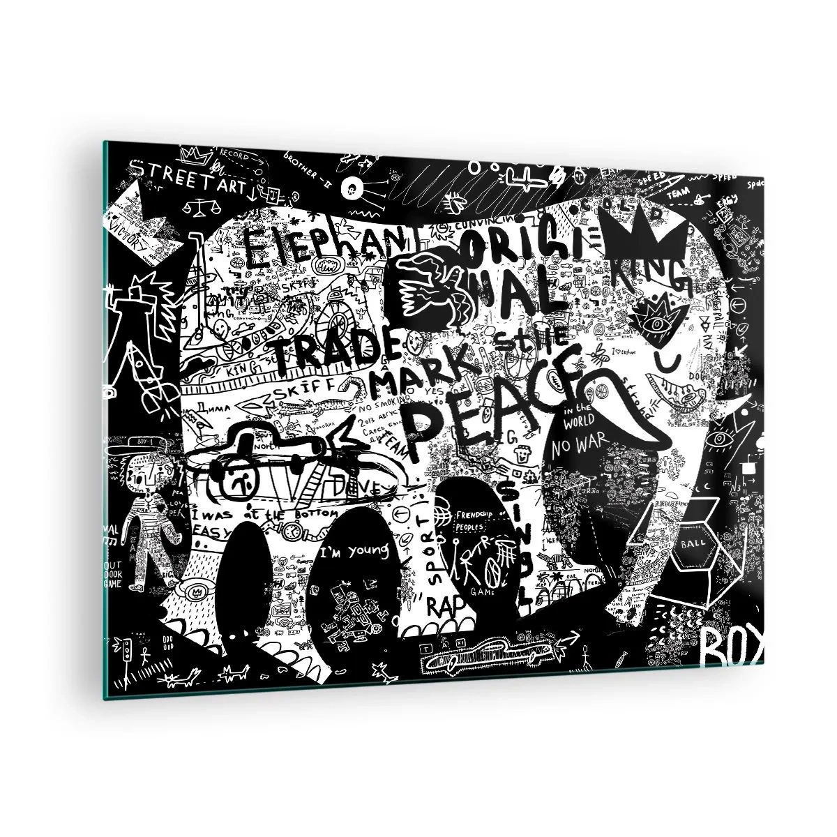 Schilderen op glas - Zwart-wit graffiti-afbeelding met thema's van vrede en vrijheid - 70x50cm - Rijke straatwereld - Moderne wanddecoratie voor woonkamer en slaapkamer ARTTOR