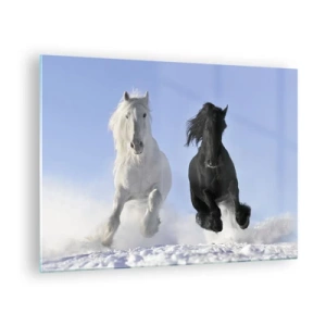 Schilderen op glas - Een zwart-wit paard rent door de sneeuw in een winterlandschap - 70x50cm - Zwart-wit galop - Moderne wanddecoratie voor woonkamer en slaapkamer ARTTOR