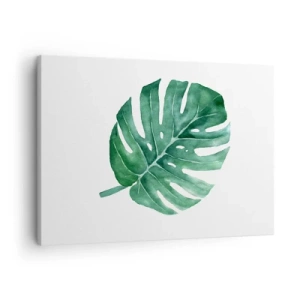 Schilderen op canvas - Groen monsterablad in minimalistische stijl - 70x50cm - Groen concept - Moderne wanddecoratie voor woonkamer en slaapkamer ARTTOR