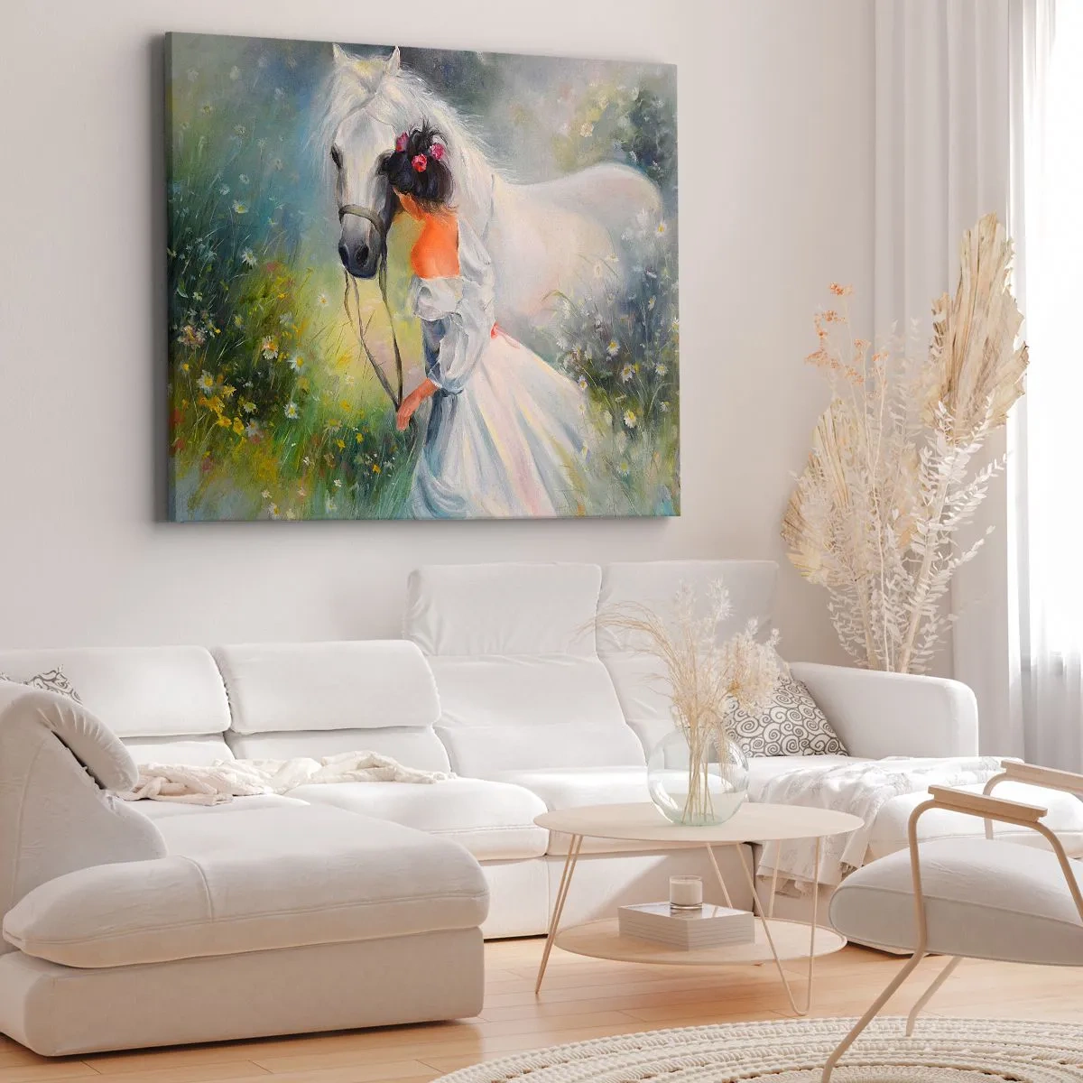 Schilderen op canvas - Een vrouw met een wit paard in een pittoreske omgeving - 70x50cm - Als uit een mooie droom - Moderne wanddecoratie voor woonkamer en slaapkamer ARTTOR
