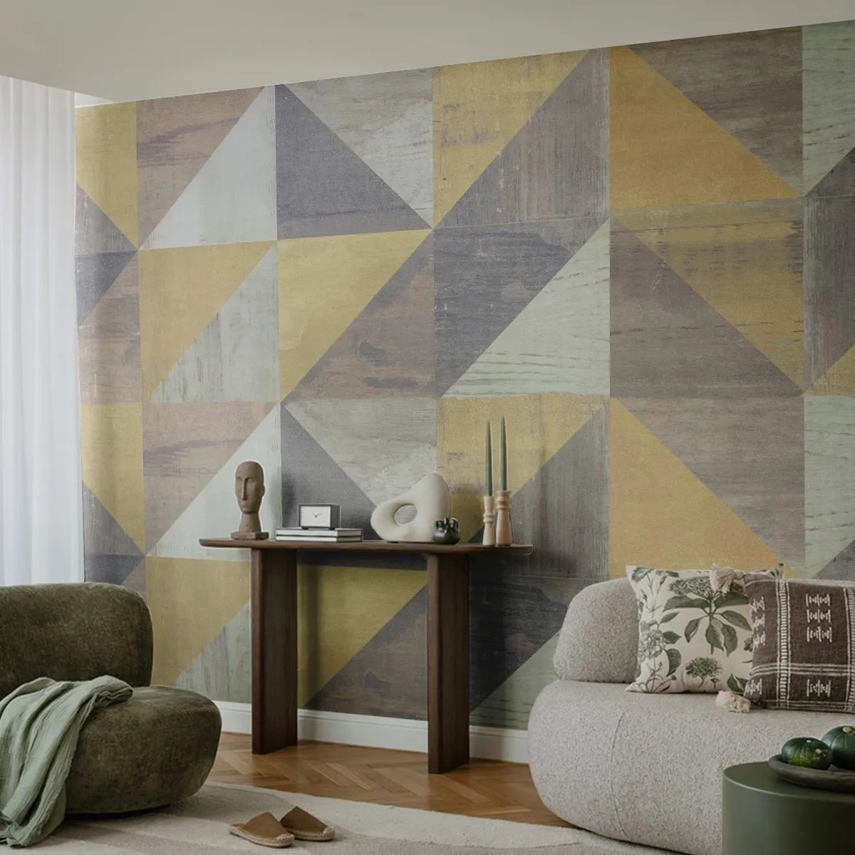 Fotobehang Premium Canvas - Op de hoek van de driehoek - Abstractie, Deel, Driehoeken - 250x175 cm