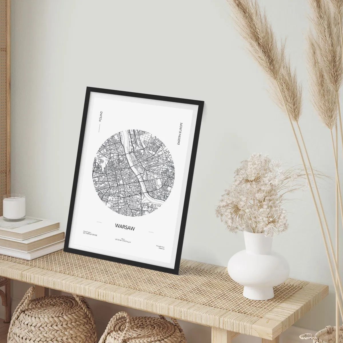 Poster in een zwarte lijst - Minimalistische kaart van Warschau in een cirkel - 50x70cm - Anatomie van Warschau - Moderne wanddecoratie voor woonkamer en slaapkamer ARTTOR