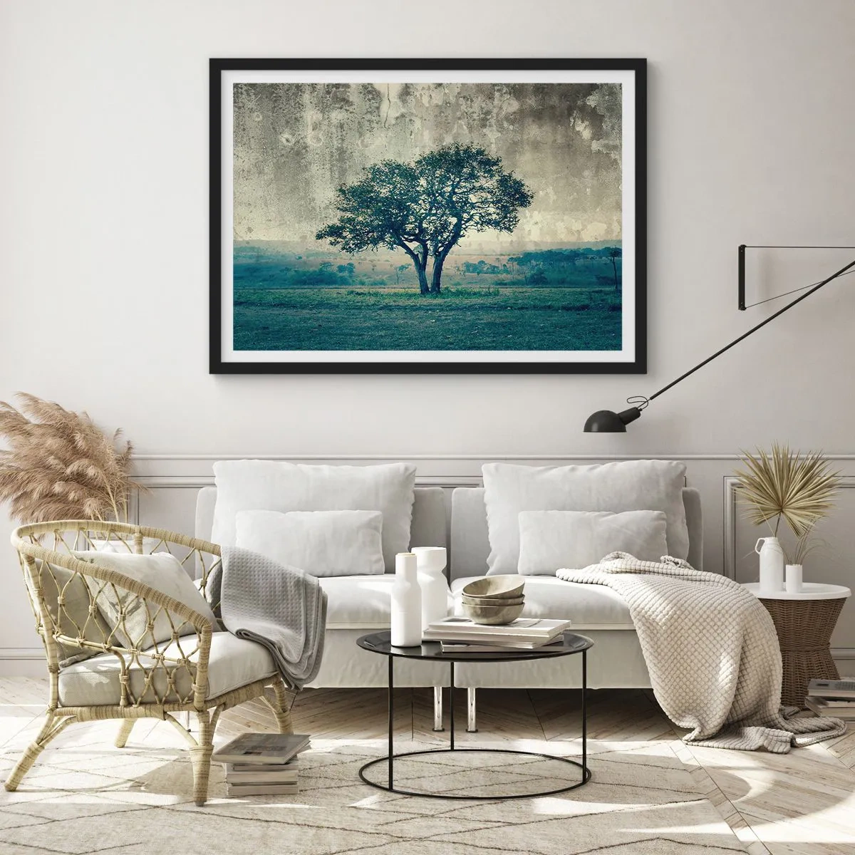 Poster in een zwarte lijst - Een appelboom op een blauw veld? - 70x50 cm