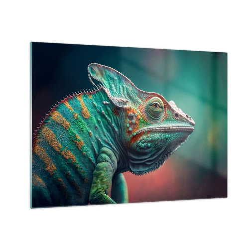 Schilderen op glas - Een kleurrijke kameleon tegen een onscherpe achtergrond in fel licht. - 70x50cm - Jij ziet mij? Niet goed… - Moderne wanddecoratie voor woonkamer en slaapkamer ARTTOR