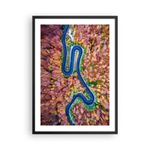 Poster in een zwarte lijst - Een kronkelende weg in een herfstbos gezien vanuit vogelperspectief - 50x70cm - Een kronkelende weg door het bos - Moderne wanddecoratie voor woonkamer en slaapkamer ARTTOR