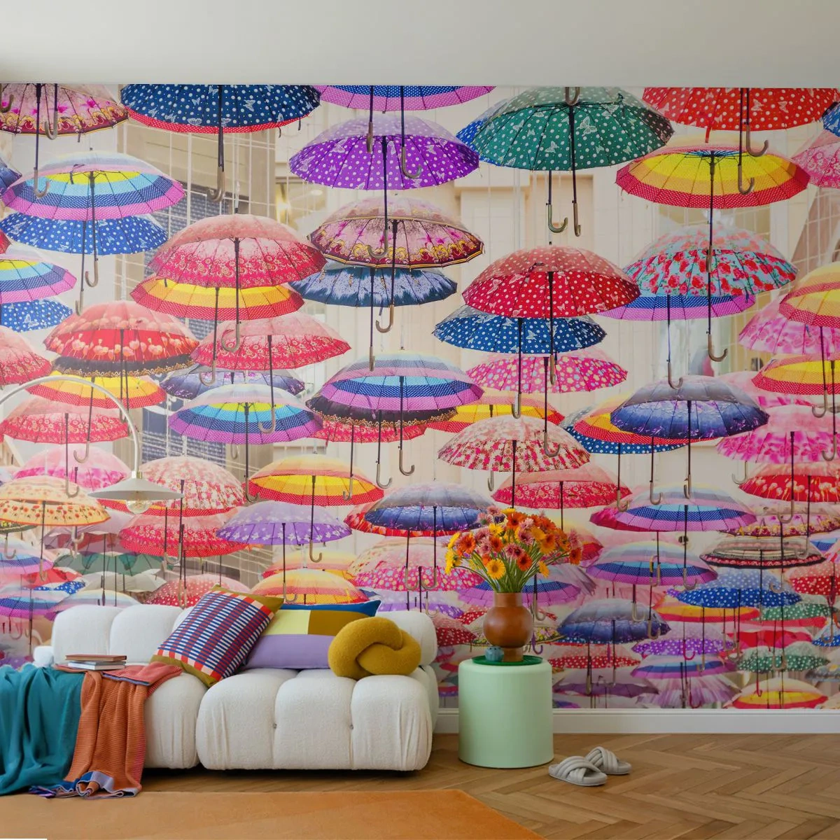 Fotobehang Premium Canvas - Stadsweide - Stad, Kleurrijke paraplu's, Deel - 300x210 cm