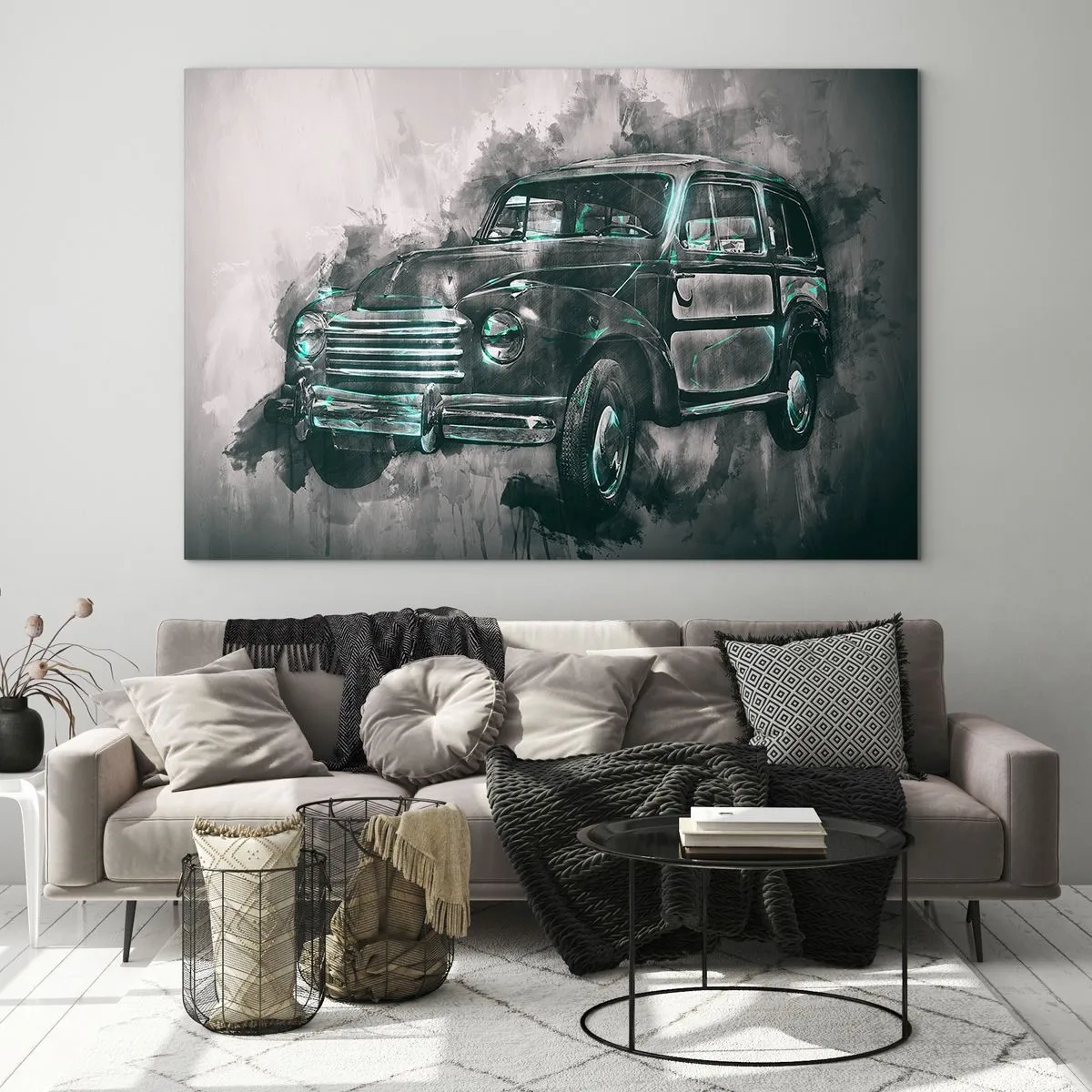 Schilderen op glas - Een oude auto in tinten grijs en turquoise - 70x50cm - Geëerde voorouder - Moderne wanddecoratie voor woonkamer en slaapkamer ARTTOR