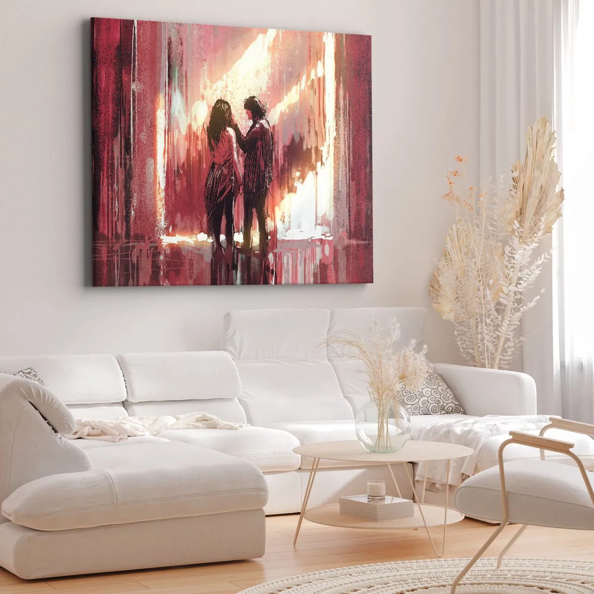 Schilderen op canvas - Een stel staat in warm licht tegen een achtergrond van abstracte patronen. - 70x50cm - Het eeuwige schouwspel van de liefde - Moderne wanddecoratie voor woonkamer en slaapkamer ARTTOR