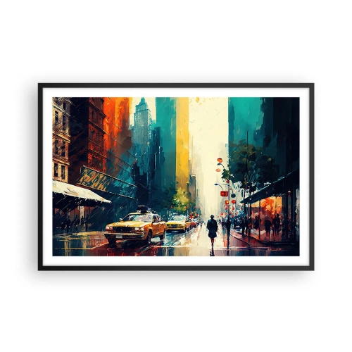 Poster in een zwarte lijst - New York – zelfs de regen is hier kleurrijk - 91x61 cm
