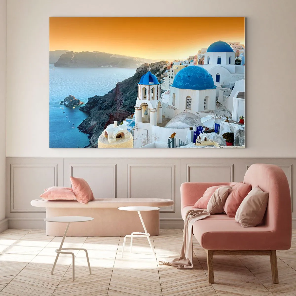 Schilderen op glas - Uitzicht op Santorini met zijn blauwe koepels en kliffen - 70x50cm - Santorini - genesteld tegen de rotsen - Moderne wanddecoratie voor woonkamer en slaapkamer ARTTOR
