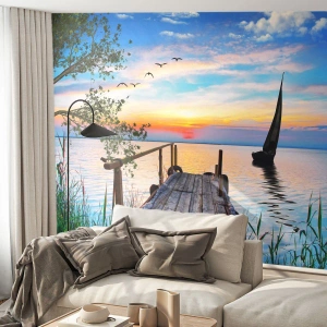 Fotobehang Premium Sand - Goedeavond - Landschap, Meer, Houten brug - 100x70 cm