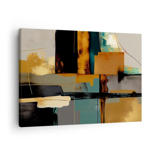 Schilderen op canvas - Abstracte compositie met gouden en turquoise elementen - 70x50cm - Abstractie – licht en schaduw - Moderne wanddecoratie voor woonkamer en slaapkamer ARTTOR