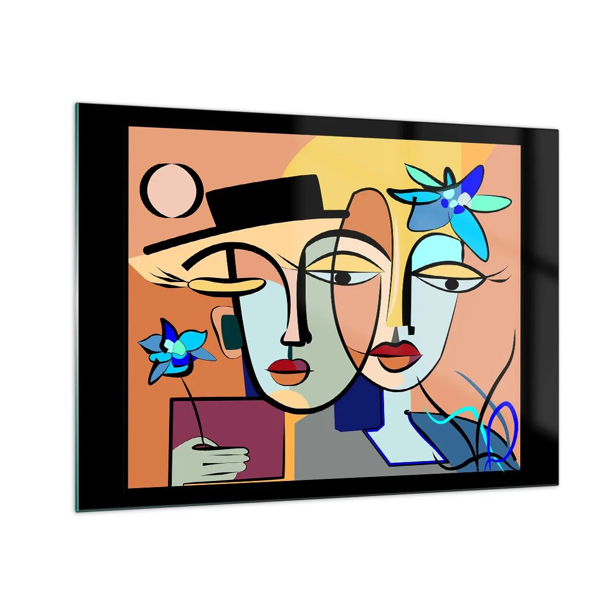 Schilderen op glas - Kleurrijke kubistische gezichten met bloemen - 70x50cm - Picasso's randez-vous - Moderne wanddecoratie voor woonkamer en slaapkamer ARTTOR