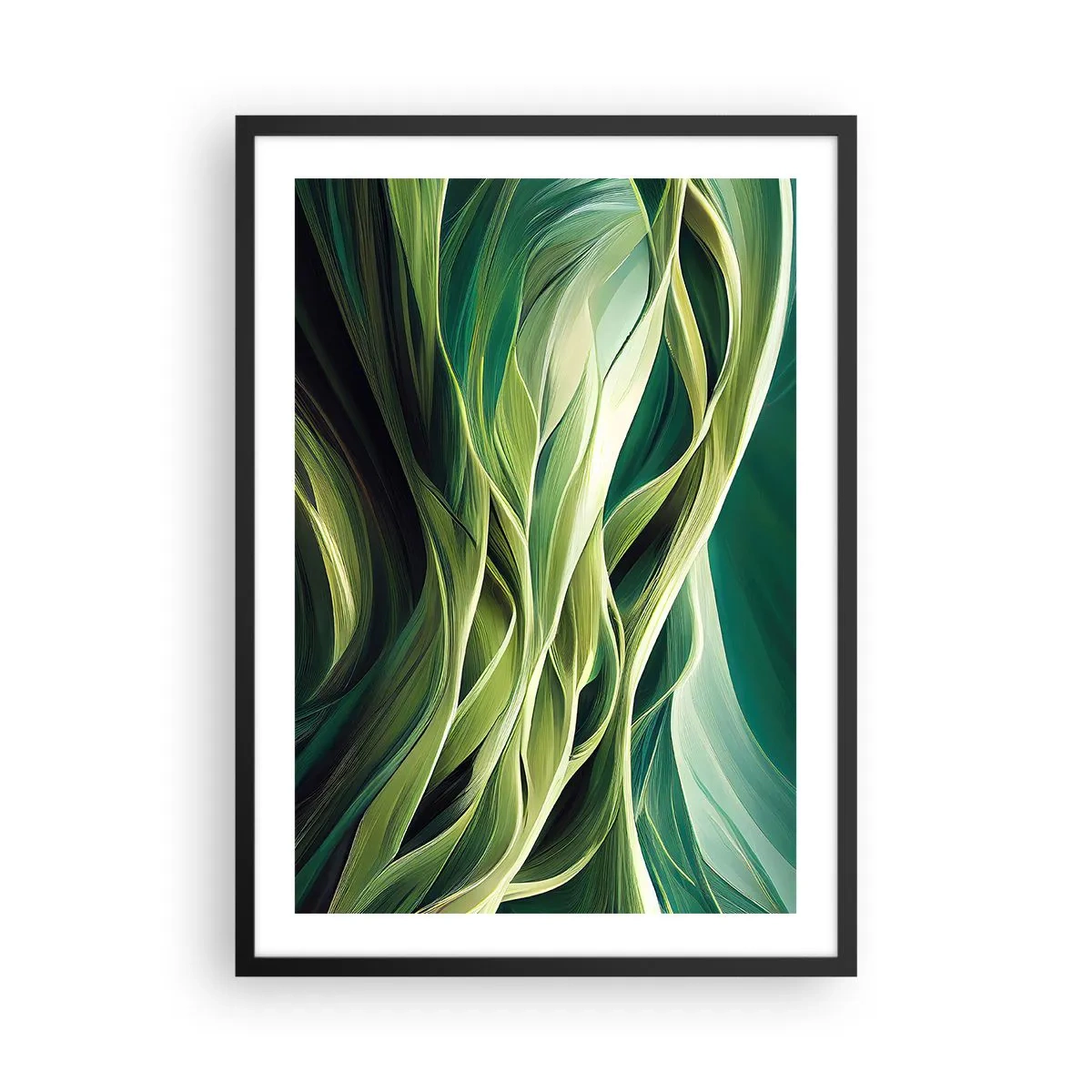 Poster in een zwarte lijst - Een abstracte compositie van organische, groene vormen. - 50x70cm - Abstract groen spel - Moderne wanddecoratie voor woonkamer en slaapkamer ARTTOR