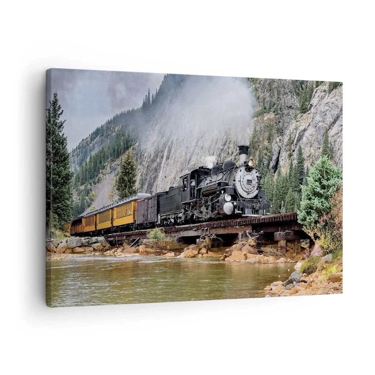 Schilderen op canvas - Een stoomlocomotief op een brug in een schilderachtig berglandschap - 70x50cm - Waar wil je naar toe? Waar naar toe? - Moderne wanddecoratie voor woonkamer en slaapkamer ARTTOR