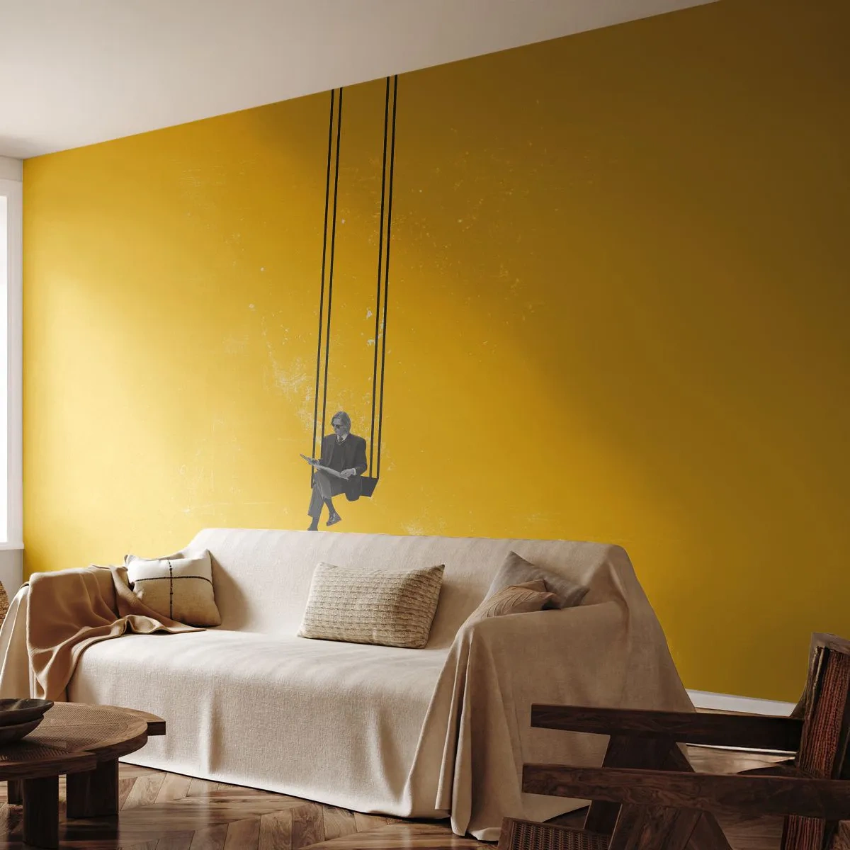 Fotobehang Premium Sand - Dag als iedere dag - Moderne kunst, Schommel, Man - 200x140 cm