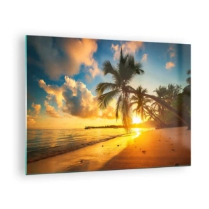 Schilderen op glas - Tropisch strand met palmbomen bij zonsondergang - 70x50cm - Caribische droom - Moderne wanddecoratie voor woonkamer en slaapkamer ARTTOR
