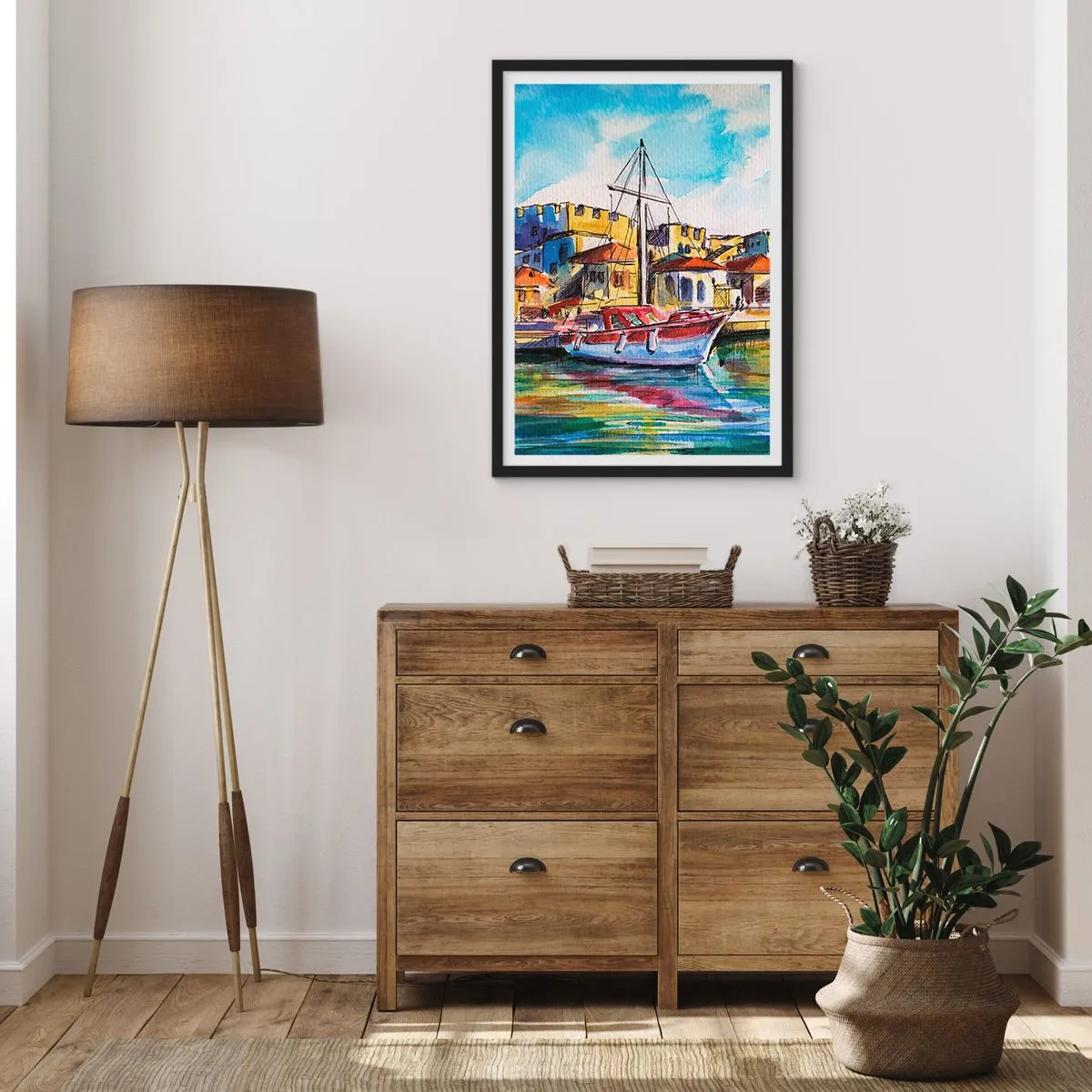 Poster in een zwarte lijst - Een kleurrijk aquarelschilderij van een jacht in een kustplaatsje - 50x70cm - Regenboogmiddag - Moderne wanddecoratie voor woonkamer en slaapkamer ARTTOR