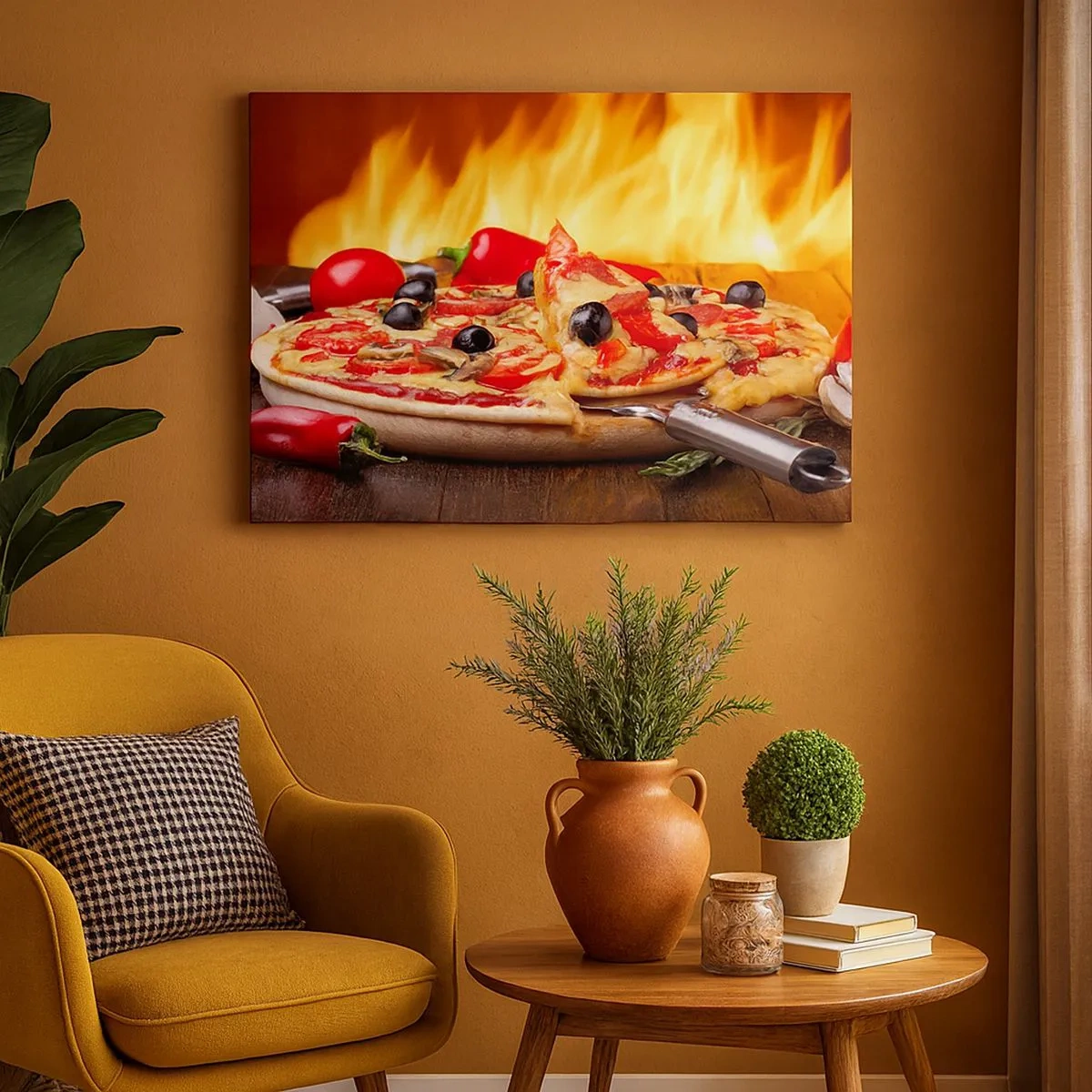 Schilderen op canvas - Pizza met olijven, tomaten en paprika's tegen een achtergrond van vlammen - 70x50cm - From Italy with love - Moderne wanddecoratie voor woonkamer en slaapkamer ARTTOR