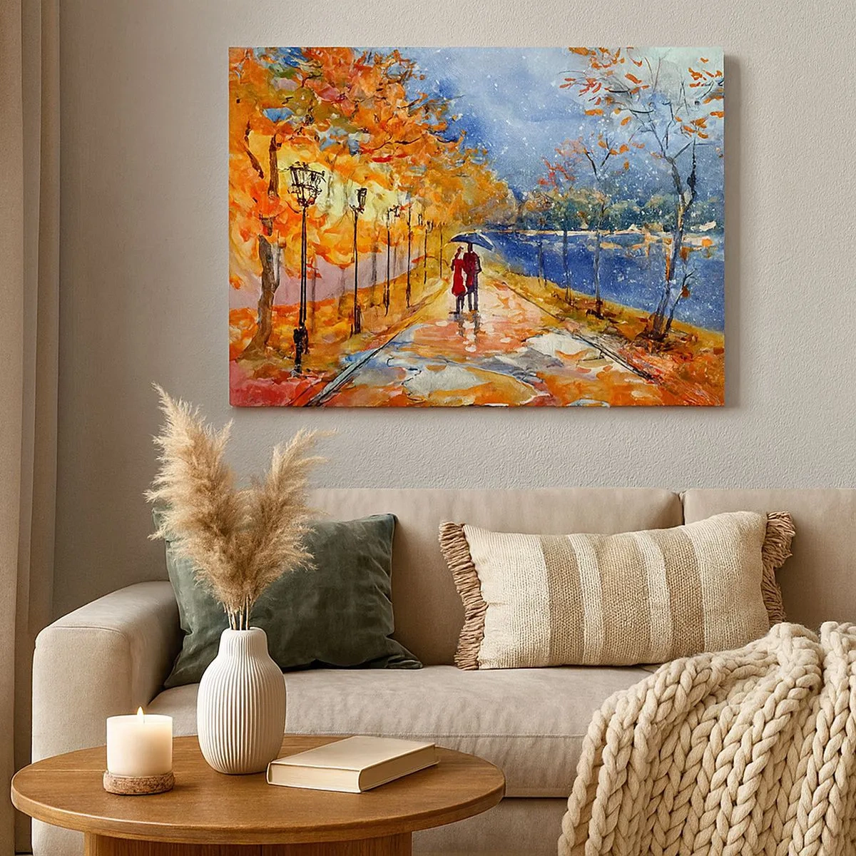 Schilderen op canvas - Een herfstwandeling in het park aan de rivieroever onder een parasol - 70x50cm - Samen tot de grens van de tijd - Moderne wanddecoratie voor woonkamer en slaapkamer ARTTOR