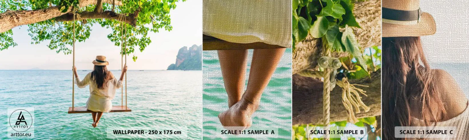 Fotobehang Monster Premium Canvas - Het leven is prachtig - Ontspanning, Schommel, Vrouw - 100x30 cm