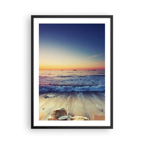 Poster in een zwarte lijst - Zonsondergang boven de zee met zachte golven op het strand - 50x70cm - Hoe zit het met de horizon? - Moderne wanddecoratie voor woonkamer en slaapkamer ARTTOR