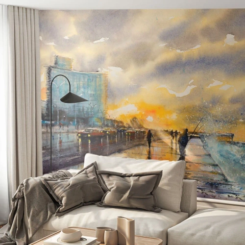 Zelfklevend Fotobehang Deluxe Sticker - Het leven aan de oever - Landschap, Deel, Zonsondergang - 350x256 cm