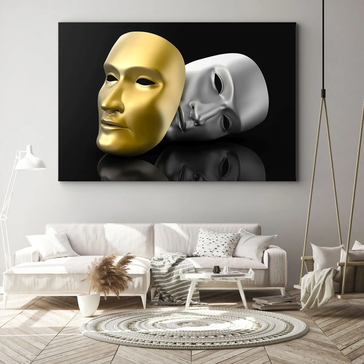 Schilderen op canvas - Goud en zilveren masker op een zwarte achtergrond - 70x50cm - Het leven is theater - Moderne wanddecoratie voor woonkamer en slaapkamer ARTTOR