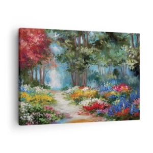 Schilderen op canvas - Een pittoreske tuin vol kleurrijke bloemen en bomen in een bosrijke omgeving - 70x50cm - Bostuin, bloemenbos - Moderne wanddecoratie voor woonkamer en slaapkamer ARTTOR