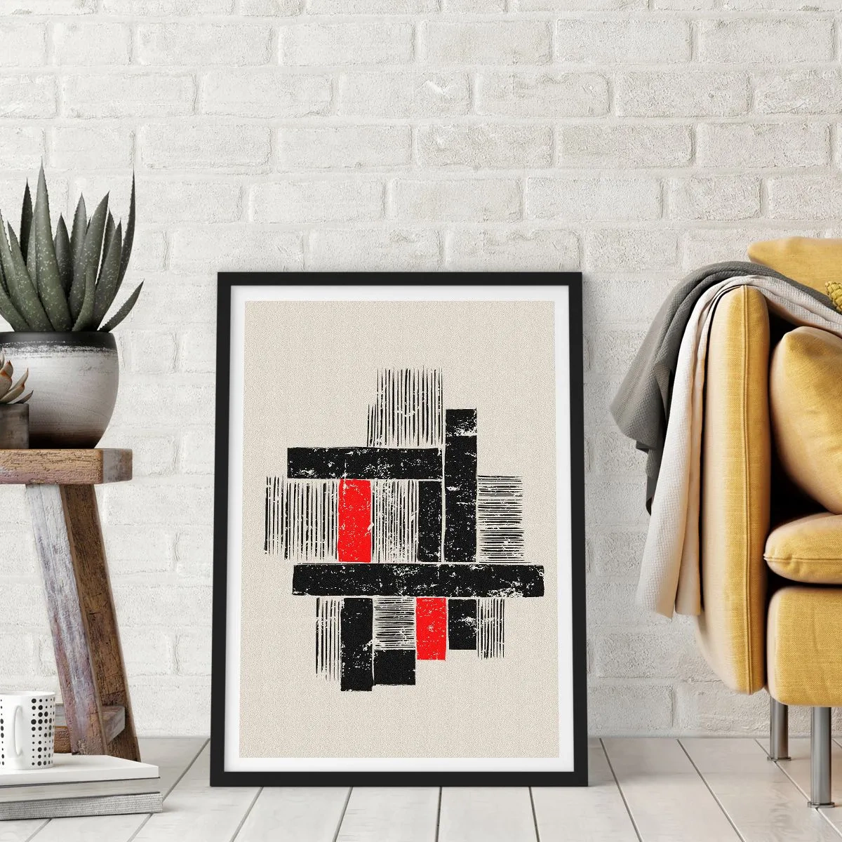 Poster in een zwarte lijst - Geometrische abstractie in zwart, rood en beige - 50x70cm - Rood en zwart - Moderne wanddecoratie voor woonkamer en slaapkamer ARTTOR