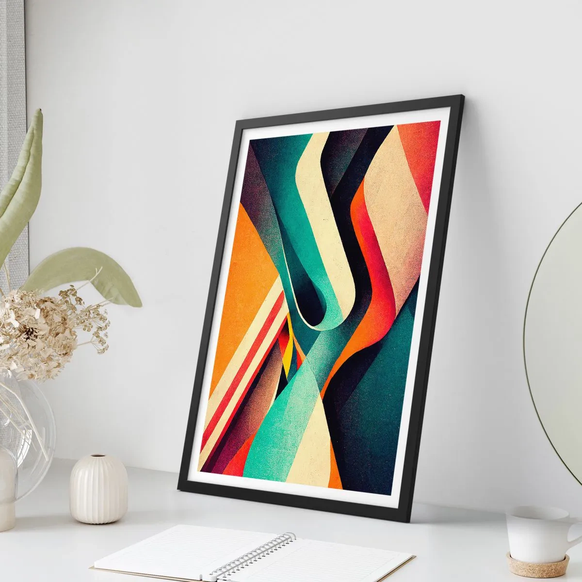 Poster in een zwarte lijst - Abstracte golven in levendige retrokleuren - 50x70cm - Intensieve compositie - Moderne wanddecoratie voor woonkamer en slaapkamer ARTTOR