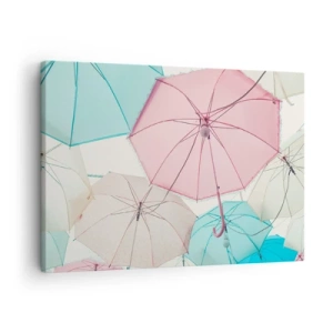 Schilderen op canvas - Pastelkleurige paraplu's tegen een heldere lucht - 70x50cm - Soms zon, soms regen - Moderne wanddecoratie voor woonkamer en slaapkamer ARTTOR