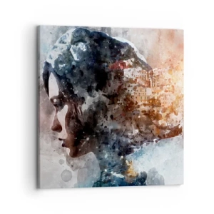 Schilderen op canvas - Een verhaal over een meisje met een stad op de achtergrond - 70x70 cm